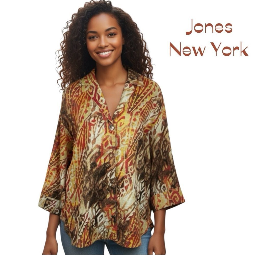 Jones New York Orange Brown Batik Print Linen   Button Down Shirt NWOT Size XS